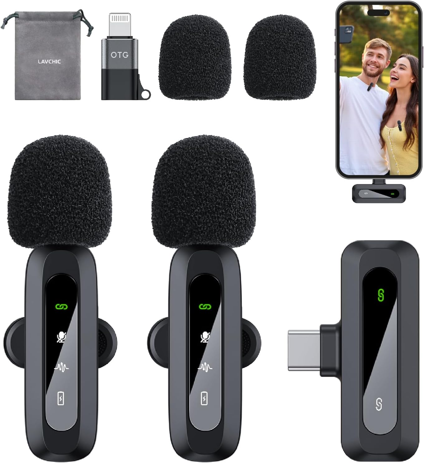 SM-101 Upgraded 2 Pack Wireless Lavalier Mic with Noise Reduction