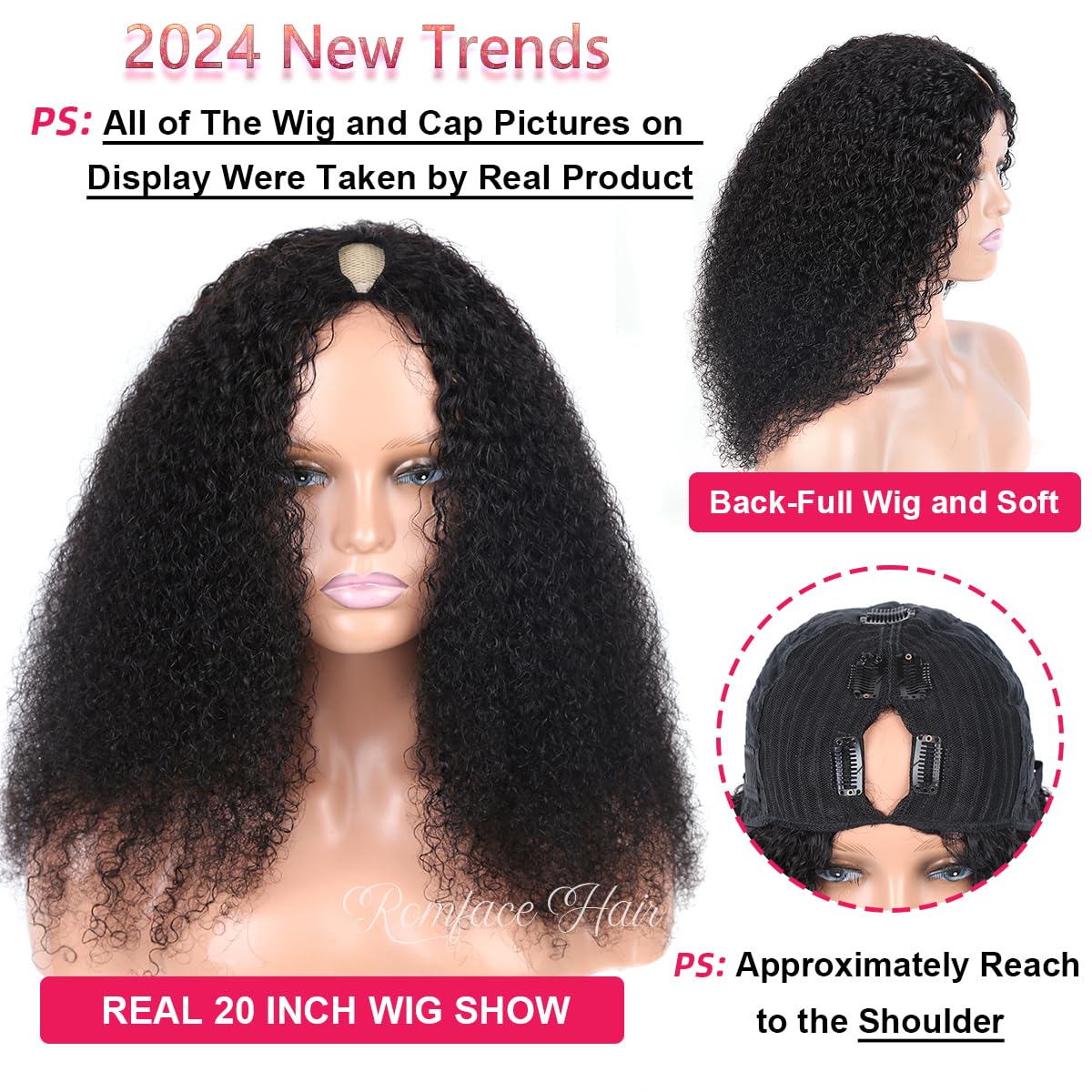 Romface V Part Afro Kinky Curly Wig - 180% Density Brazilian Remy Curly Human Hair - No Glue - Beginner Friendly - Natural Color - 22 inch