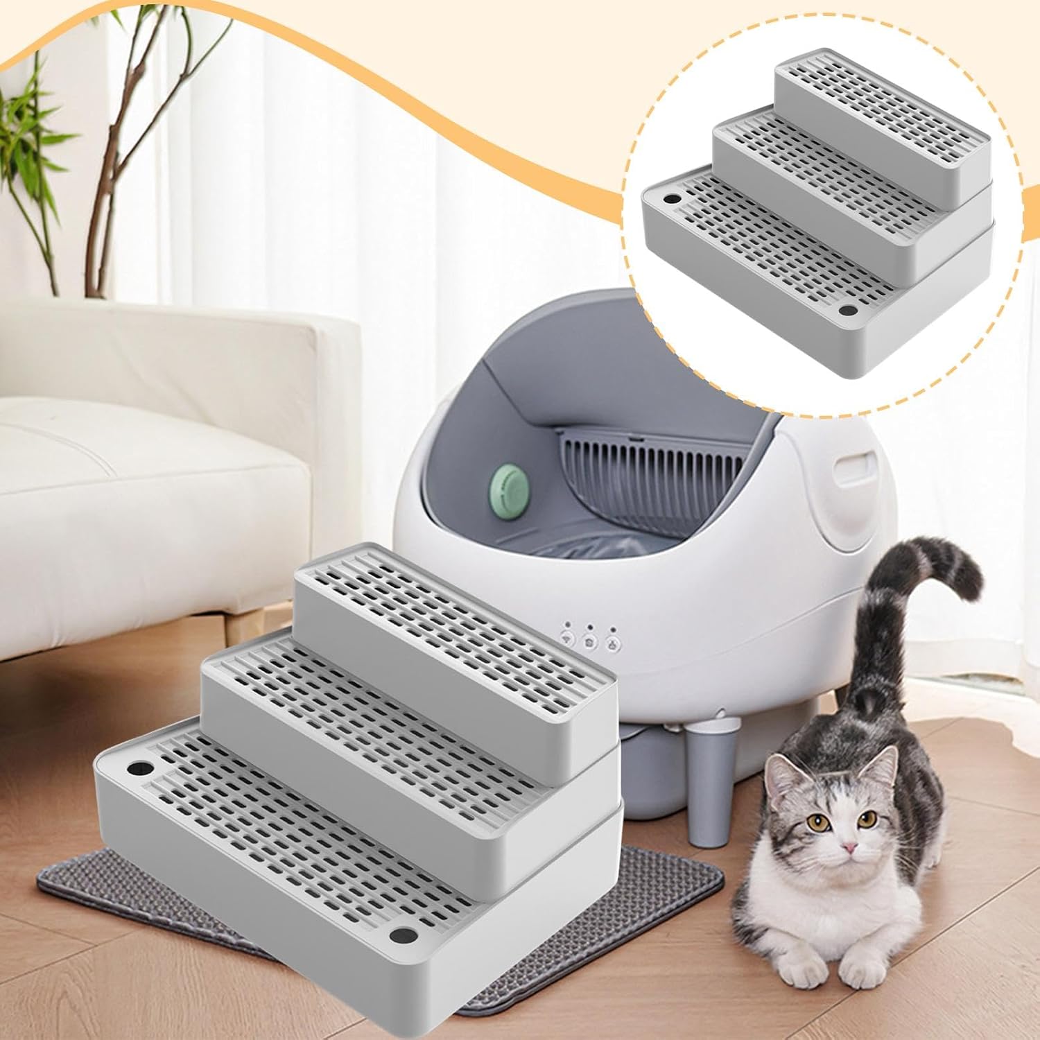 Ramp for Automatic Cat Footboard Removable with Non Slip Feet Waterproof Cat Litter Stair 3 Steps for Small Cats, Light Gray