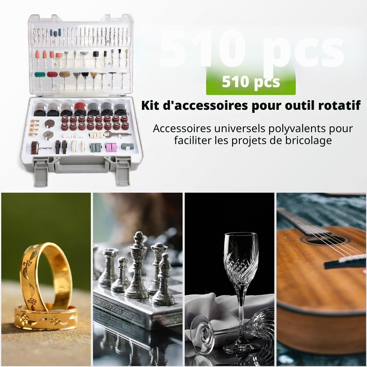 Huepar Tools Coffret de 510pcs Accessoires d'Outils Rotatifs Universels pour Polissage Perçage Meulage Sculpture Coupe Faciles, Cadeau Homme, Fête des Pères, Femme
