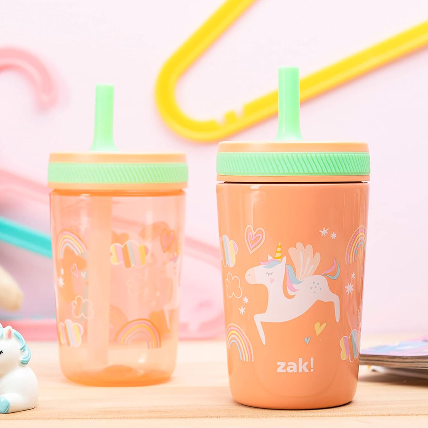 Zak Designs Unicorn Kelso Tumbler Set,Leak-Proof Screw-On Lid with Straw, Bundle for Kids Includes Plastic and Stainless Steel Cups with Bonus Sipper, 3pc Set, Non-BPA - Image 2