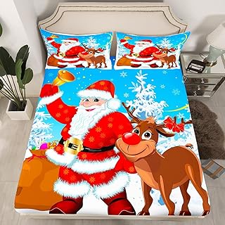 Erosebridal Merry Christmas Bed Sheets,Santa Claus Fitted Sheet for Kids Boys Girls Bedroom,Deer Elk Fitted Bed Sheetss 3 Pieces Cartoon Snowflake Bedding Set with 2 Pillow Cases,Queen Size
