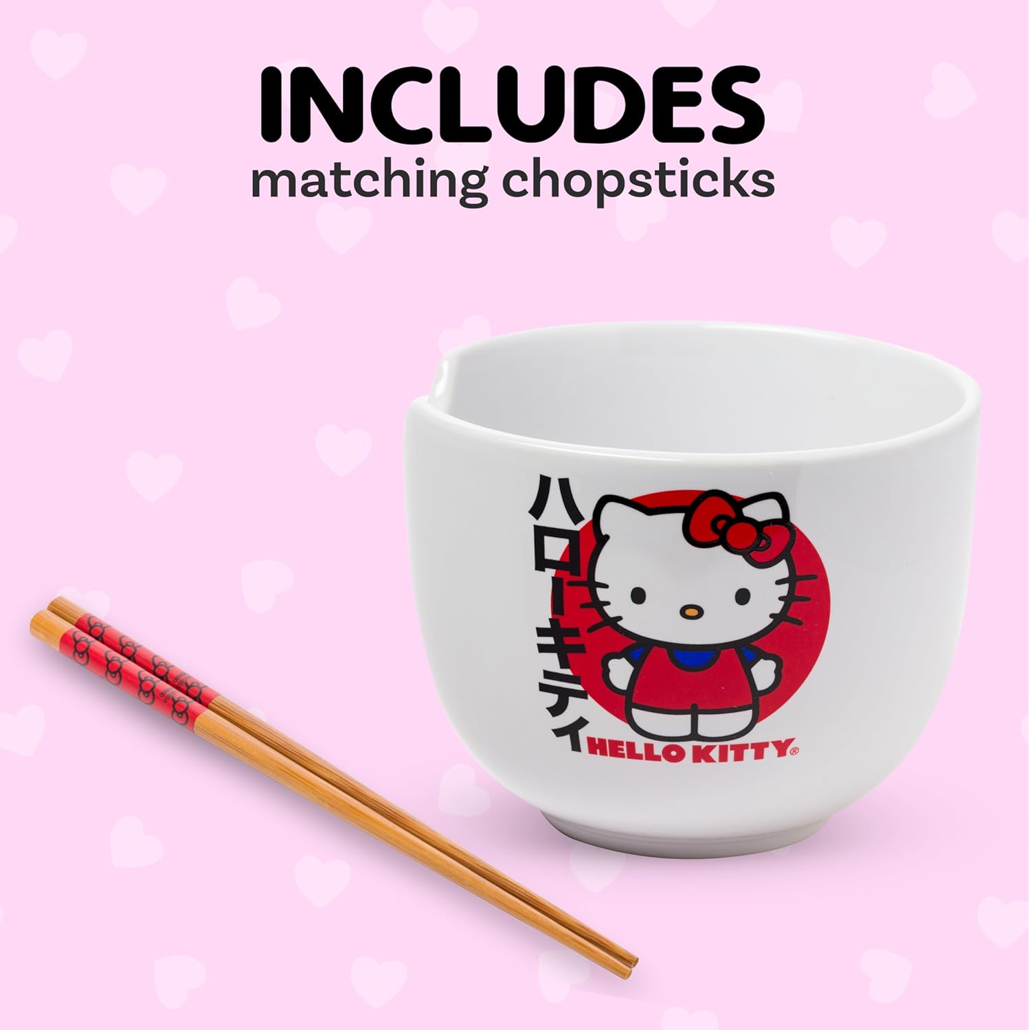 Silver Buffalo Sanrio Hello Kitty Japanese Ceramic Ramen Noodle Rice Bowl with Chopsticks, Microwave Safe, 20 Ounces - Image 3