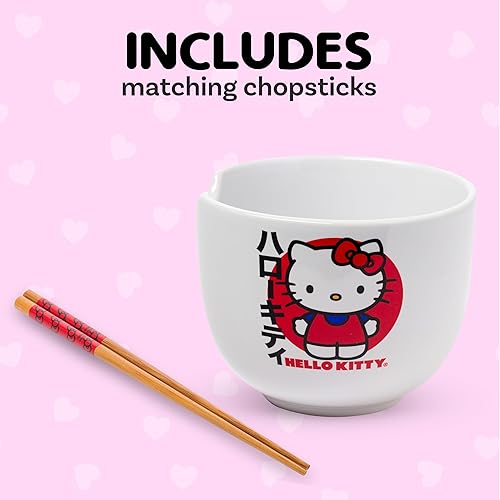 Miniatura 3 de Silver Buffalo Sanrio Hello Kitty Tazón Japonés de Cerámica para Fideos Ramen y Arroz con Palillos, Apto para Microondas, 20 Onzas