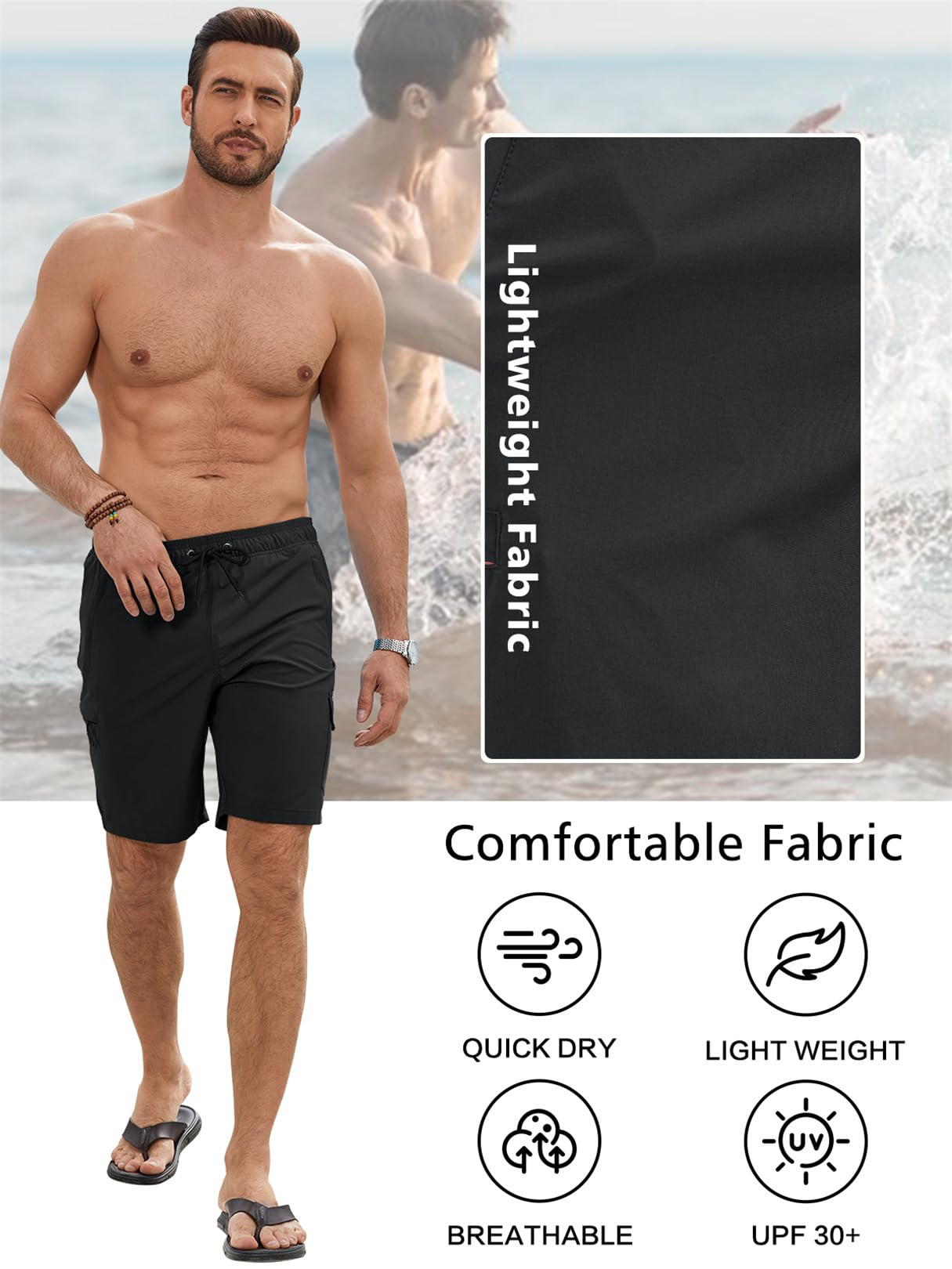 Bañador Hombre Bermuda Corto 2 en 1 Forro de Malla Natación Bañador Antirozaduras Hombre Secado Rápido Bolsillo con Cremallera Playa Impermeable Surf Traje de Bañadores Hombre con Cordón
