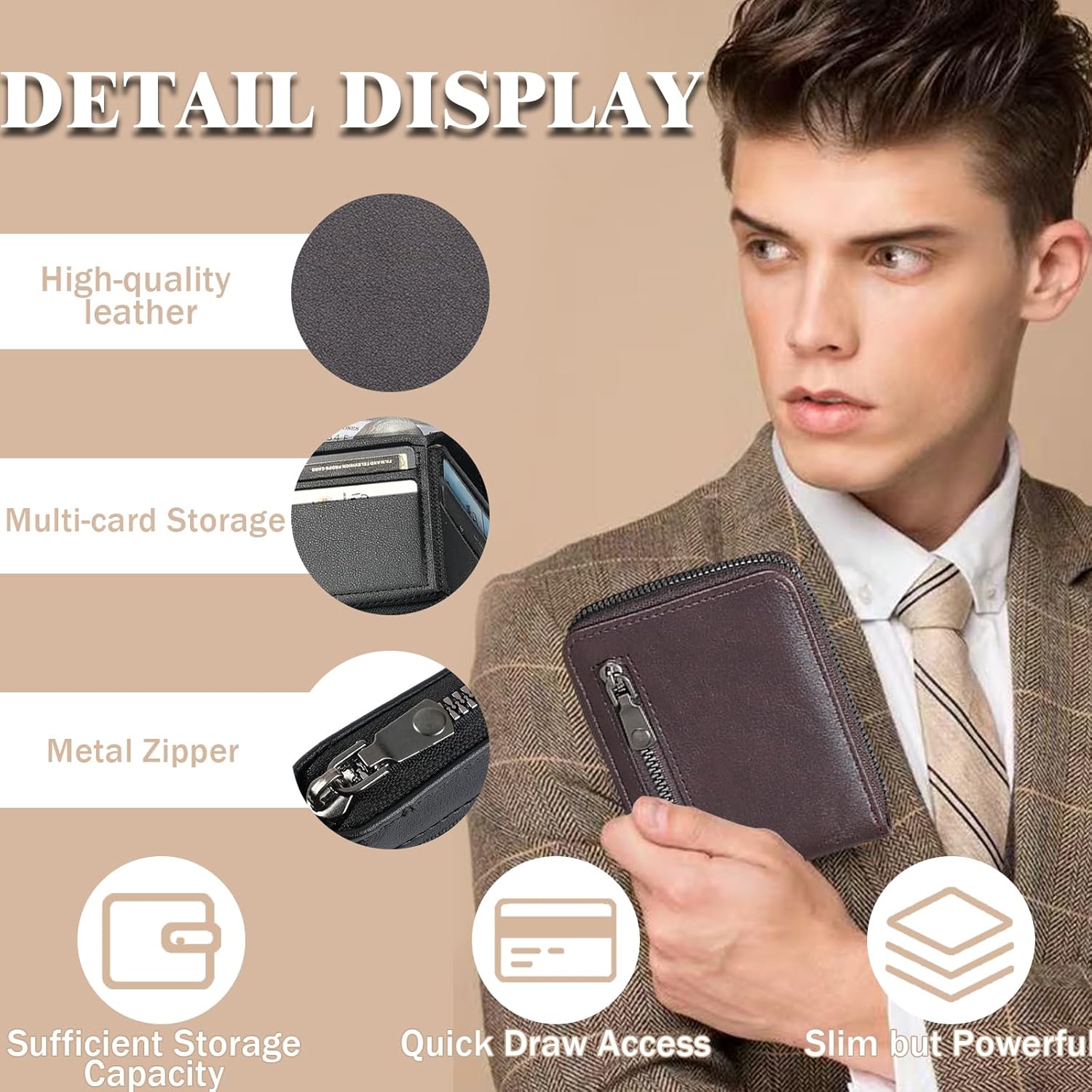 Men's Zipper Leather Wallet with Extra Capacity Flip Secure Coin Pocket Compartments with Multiple Card Slots (black)