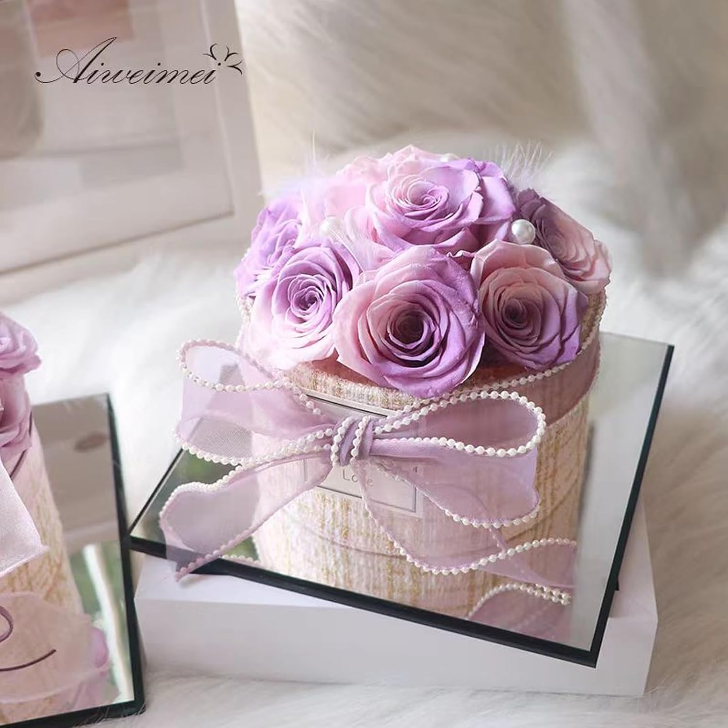 Birthday Cake Box Preserved Rose Flower Long Lasting Freshness Valentine's Day Thanksgiving Day for Mom Grandma Sister Wife (Purple)