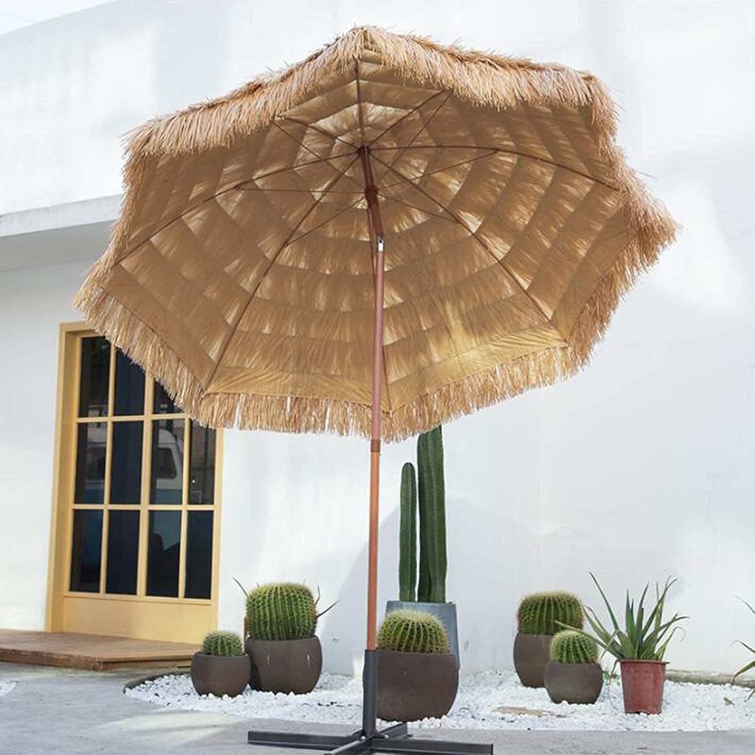 Garden Outdoor Crank Up Parasol Umbrella Garden Umbrella Parasol,Outdoor Shade Straw Umbrella, Patio Umbrella,Hawaiian Style ched Beach Umbrella with UV Protection,Natural Color Good