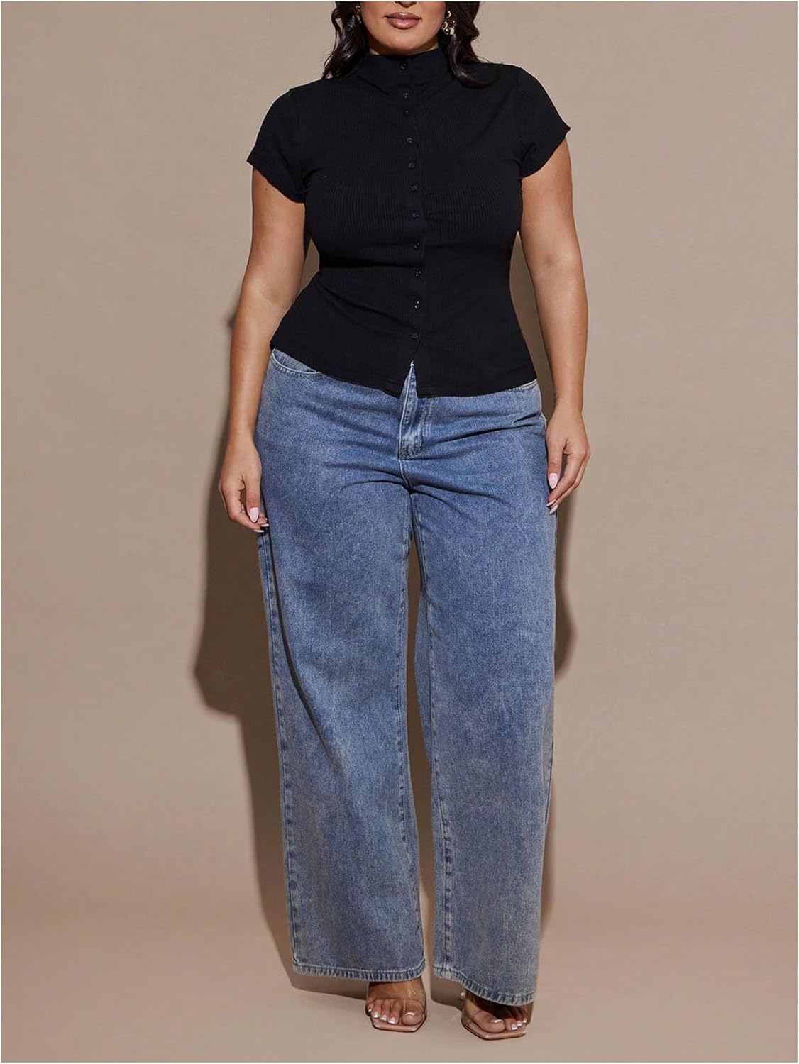 SHENHE Women's Plus Size Short Sleeve Top Ribbed Knit Button Up Tight Shirt Mock Neck Going Out Top - Image 5