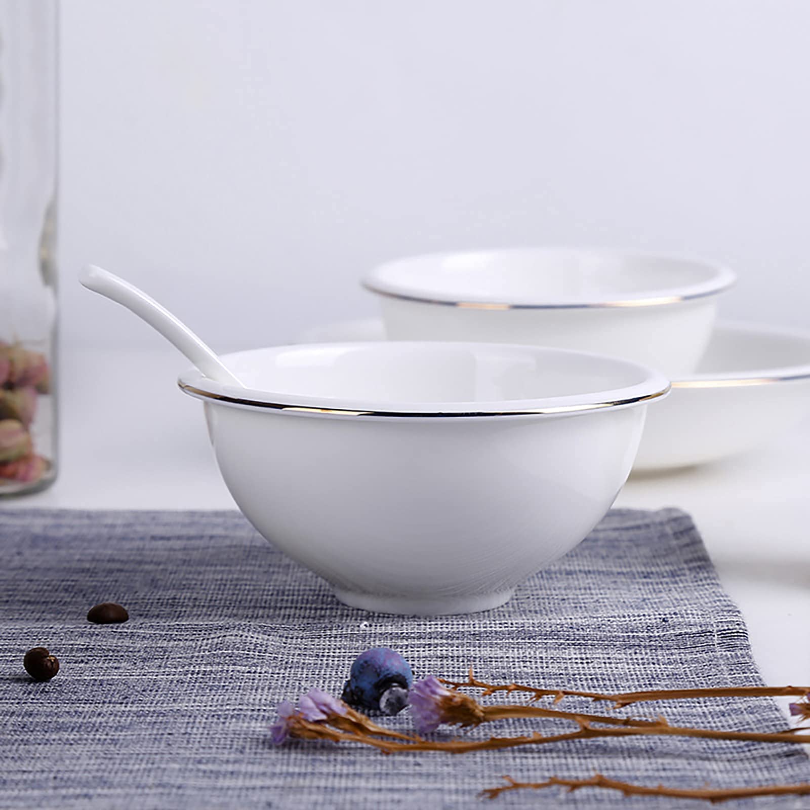 Zestaw obiadowy, porcelana Fine Bone China, okrągły, kuchenny, obiadowy, biały, zestaw obiadowo-jadalny, z miskami na makaron, zupę, do mikrofalówki i piekarnika (28 elementów, serwis dla 8 osób)