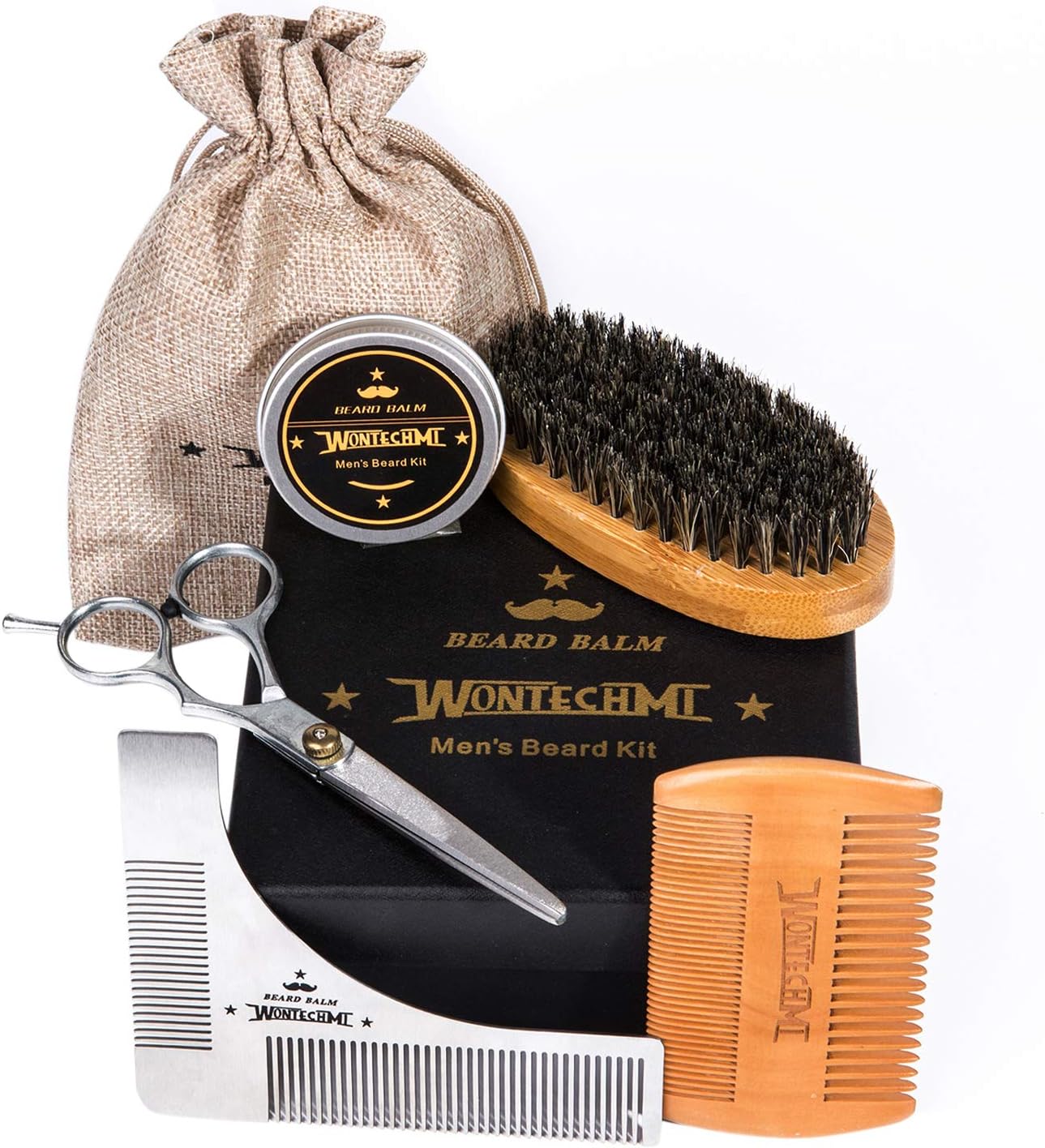 Beard Grooming Kit for men care, Beard Brush, WONTECHMI Beard Comb, Mustache and Beard Balm Butter Wax, Barber Scissors for Styling, Shaping and Growth Premium Gift Set