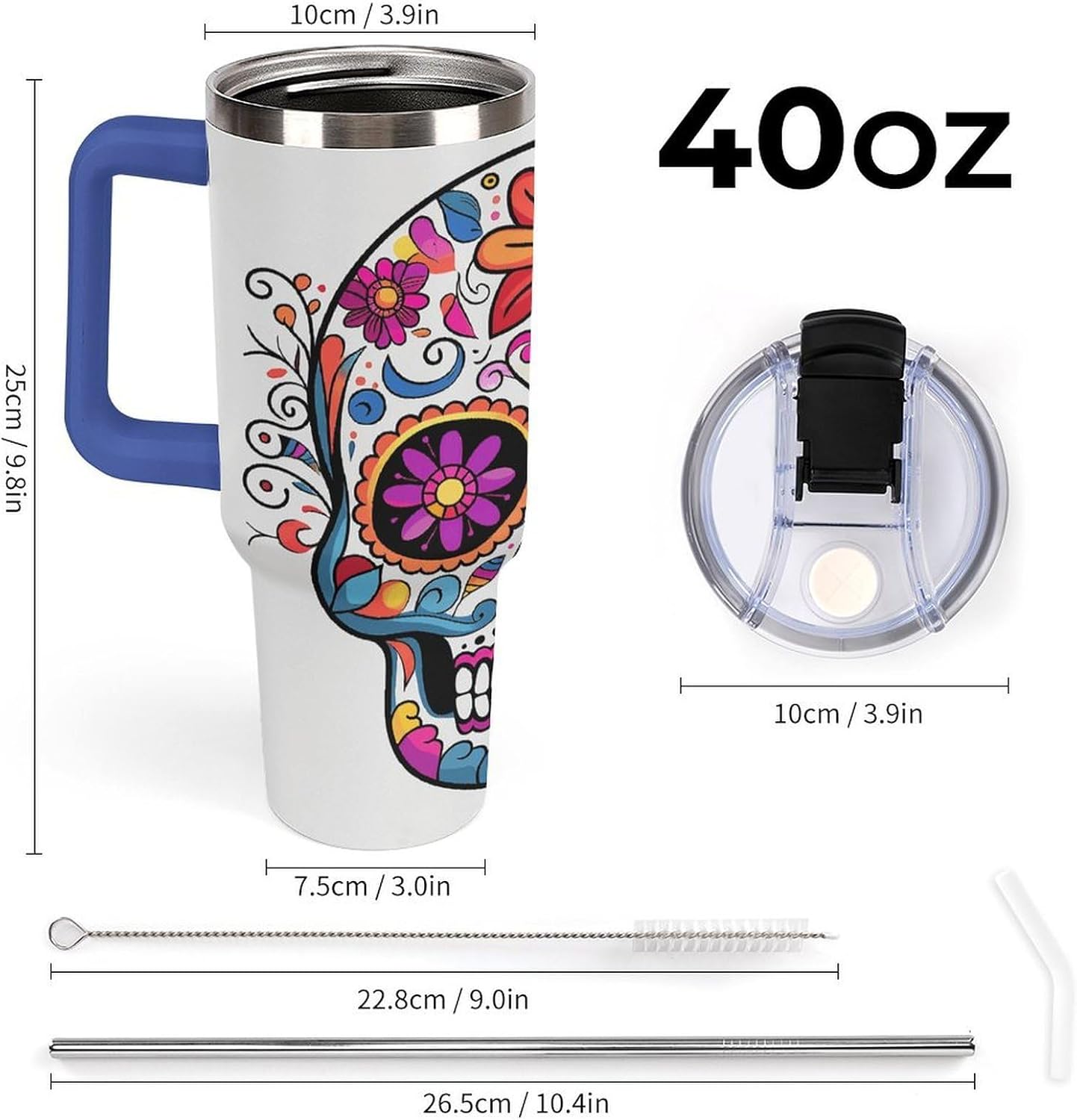Sugar Skull Travel Coffee Mug Reusable Durable Stainless Steel Insulated Tumbler with Handle And Straw Leak Resistant Portable Thermal Cup Gifts for Men Women 40 Oz