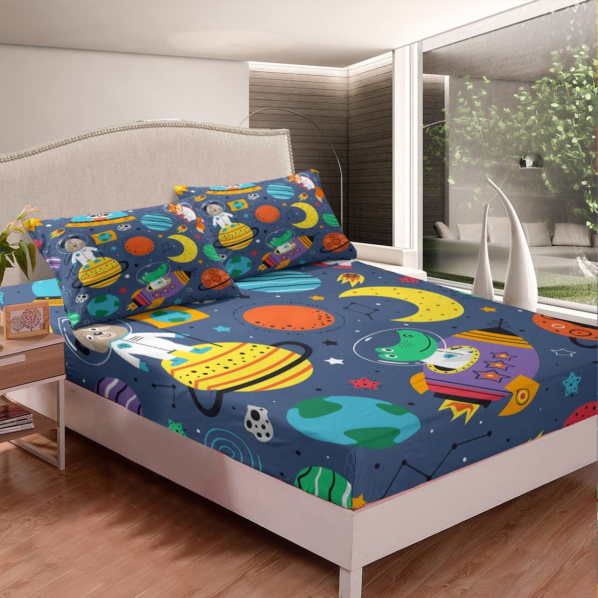 Homemissing Boys Multicolored 36 Cartoon Astronaut Space Rocket Bedding Sheet Galaxy Cosmonaut Spaceman Fitted Sheet For Girls Kids Single Size
