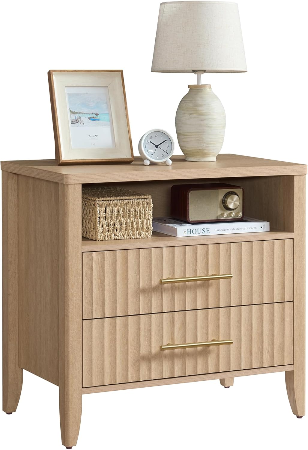 Fluted Nightstand with 2 Drawers, 27" Modern Nightstands with Storage Shelf, Large Queen Size Bedside Table and End Table for Bedroom, Office,Hallway (Natural, 1 Piece)