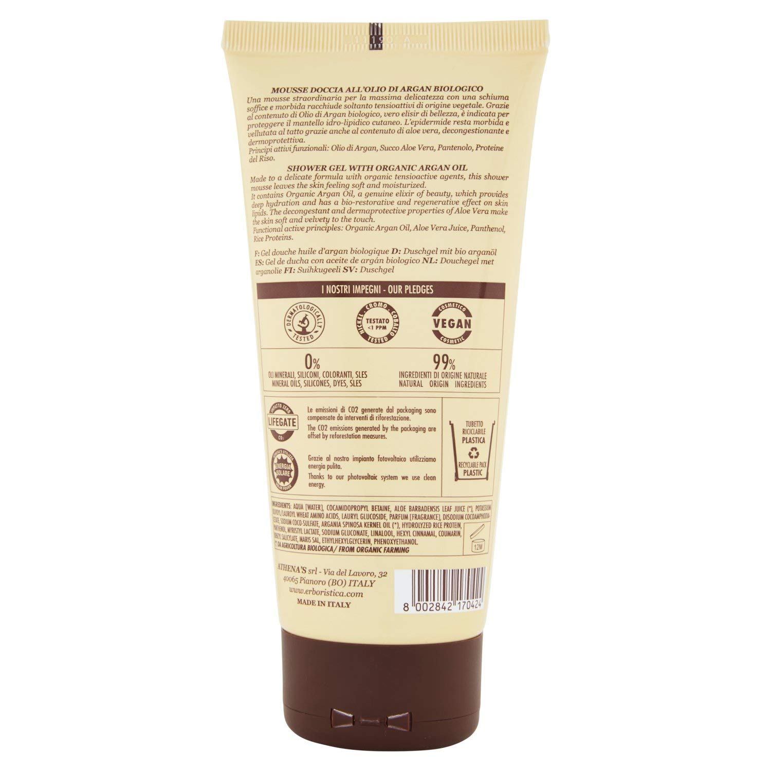 L'Erboristica Athena's - Mousse Doccia all'Olio di Argan Biologico e Acido Ialuronico - Vellutante - 200 ml (Confezione da 4)