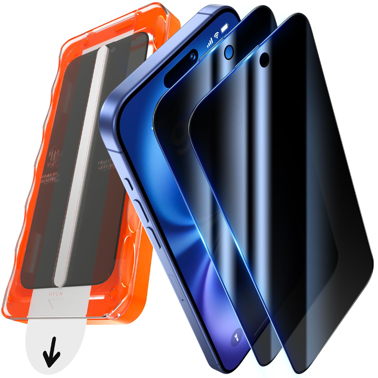 UniqueMe für iPhone 15/16 für Panzerglas Sichtschutz - 2 Stück Schutzfolie | Privacy Displayschutz, Automatische Installation Schutzglas, Bruchsicher Militärniveau Anti-Spy Folie Anti-Kratzer