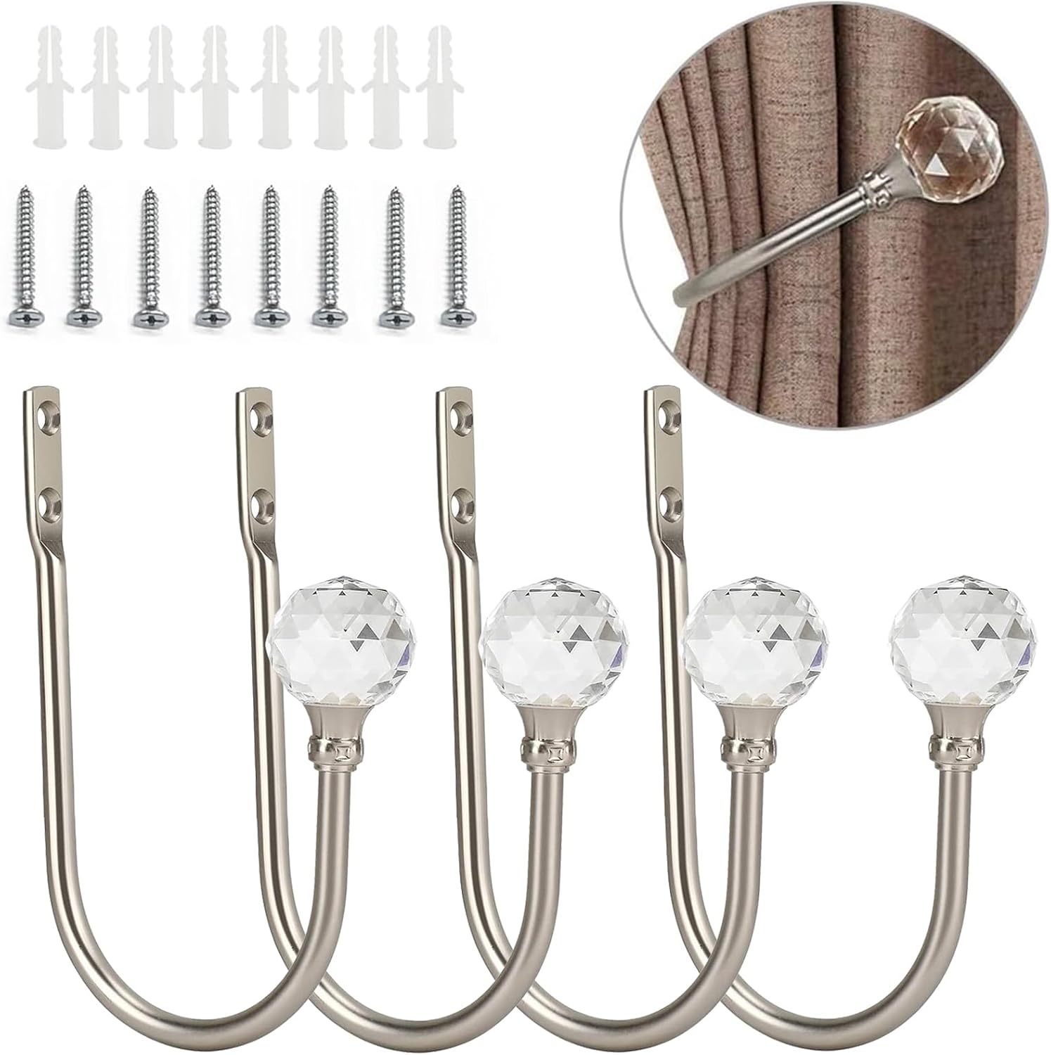 4 Pack Curtain Holdbacks, Wall Mounted Curtain Tiebacks, Glass Crystal with U Shape Curtain Pull Backs with Screws for Home Office-Silver