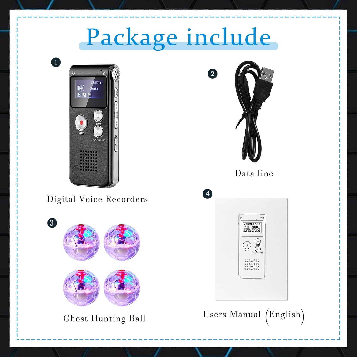 Dunzy 5 Pcs Ghost Hunting Kit Includes Digital Voice Recorders with 4 LED Cat Balls Motion Activated Cat Ball Toy Voice Activated Recorder with Playback for Pet Dog Animals(Black)