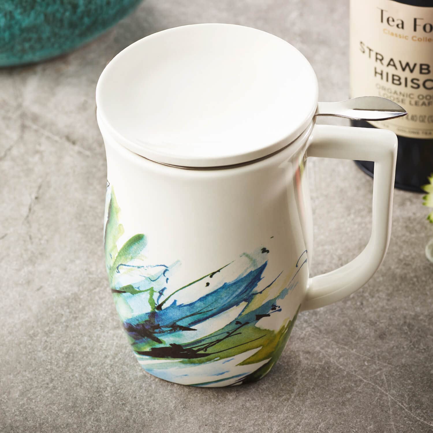 Tea Forte Fiore Teetasse aus Keramik mit Teesieb, blaue Agave, 400 ml