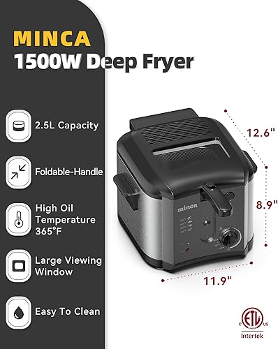 Miniatura 2 de minca Freidora eléctrica de 1500 W, cesta de inmersión de 2.5 litros con mango plegable aislado térmicamente, tapa extraíble con filtro de olor y