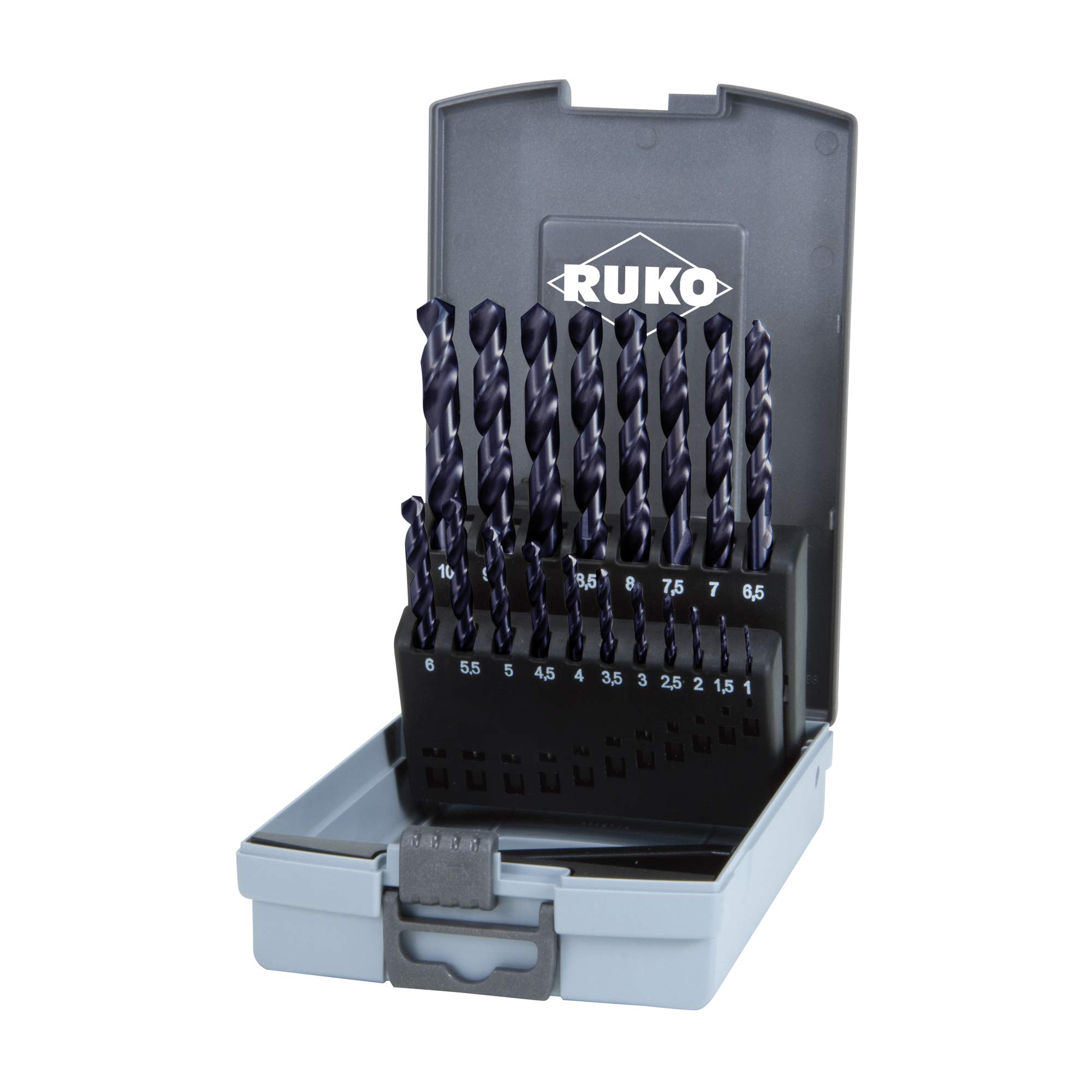 RUKO HSSE-Co 8 - Set di punte elicoidali in valigetta di plastica, DIN 338, tipo VA, finitura brillante, 19 pezzi, R281214EFRO