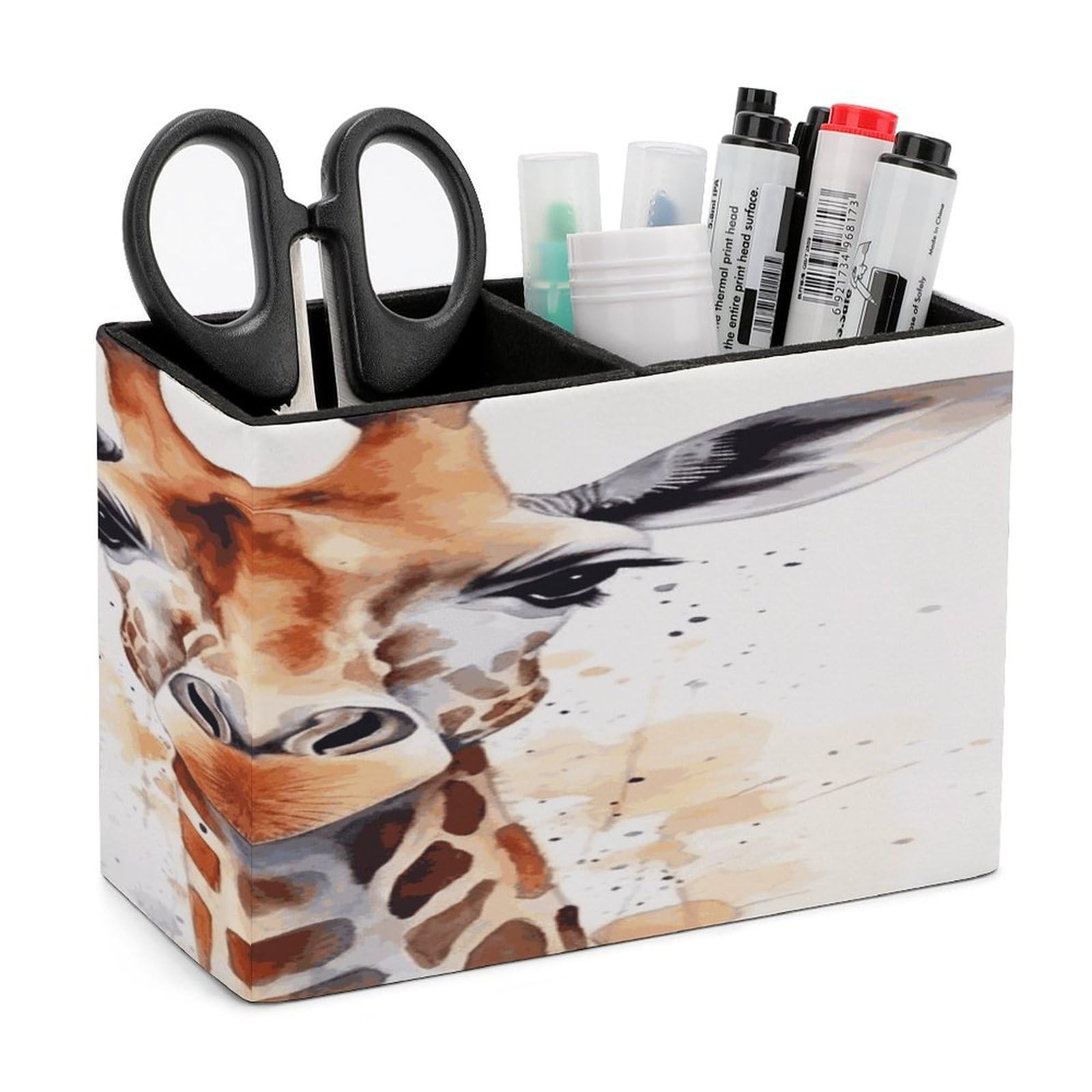 LDGSUPH Stylish Animal Watercolor Giraffe Leather Pen Holder for Desk Organizer Caddy Large Pencil Cup Multi-function Pencil Holder Makeup Brush Holders Pen Organizer for Home Office Storage Box