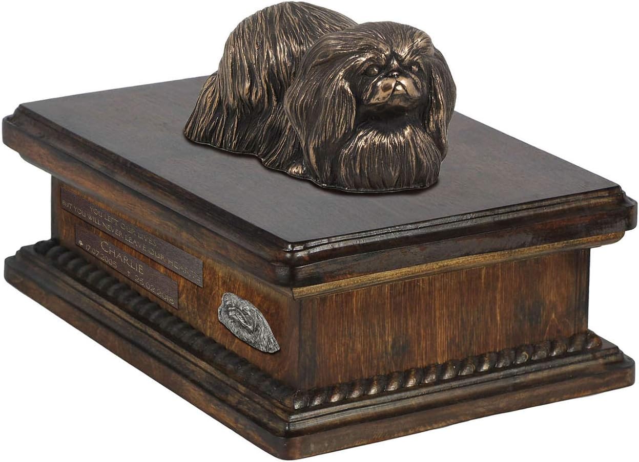Art-Dog Custom Dog Sitting Statue Memorial Urn - Handmade Cold Cast Bronze on Birch Base – Sturdy and Stylish Urn for Dog’s Ashes – 8.3x11.4x8.7 – 5l – Pekingese