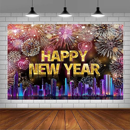 Miniatura 3 de AIBIIN Telón de fondo de 7 x 5 pies con texto en inglés Happy New Year 2024, noche de la ciudad, víspera de Año Nuevo, grandiosos fuegos