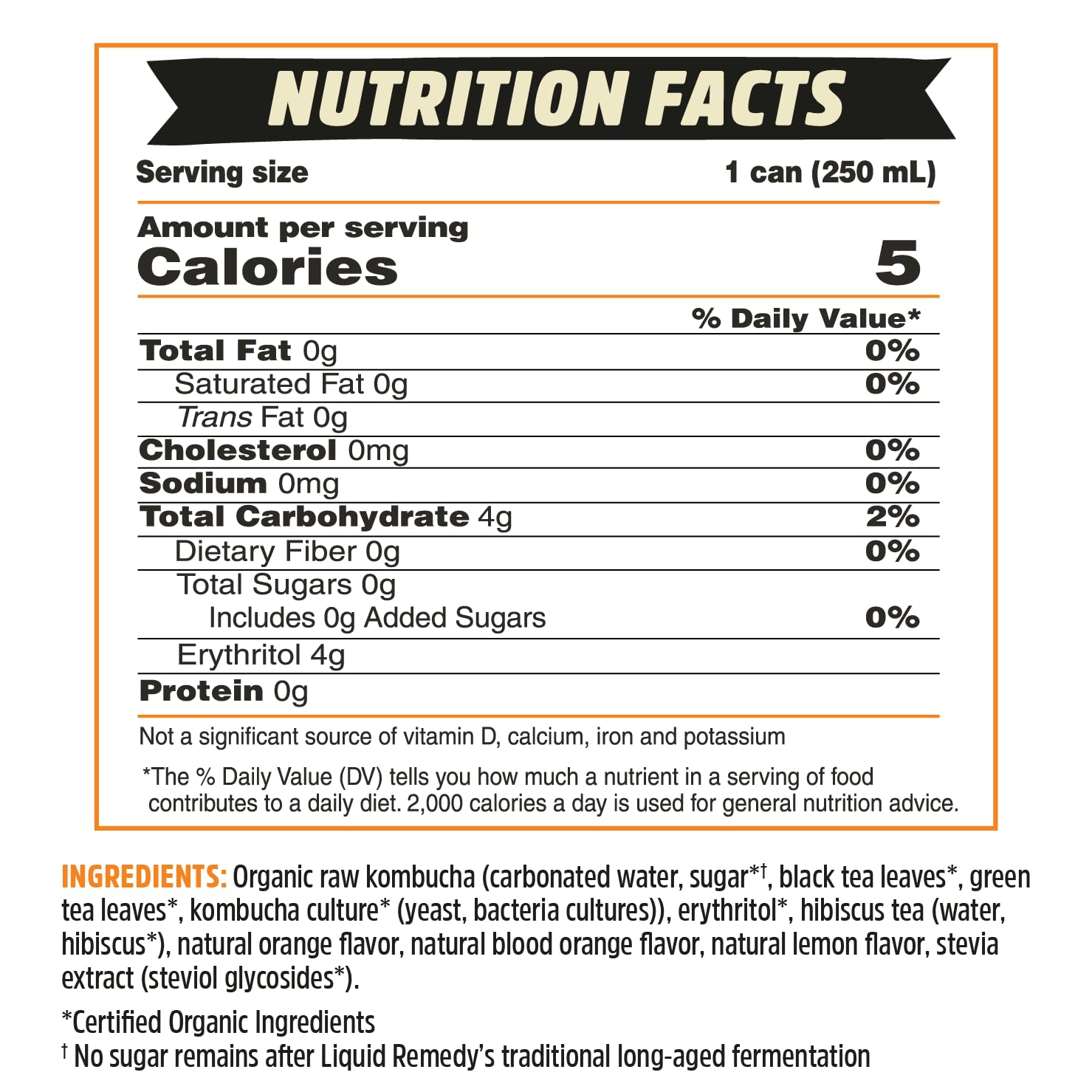 Liquid Remedy Kombucha Sugar Free Organic Drink, Low Calorie, Probiotic Like Tea for Gut Health - Orange Splash - 8.5 Fl Oz Can, 24-Pack