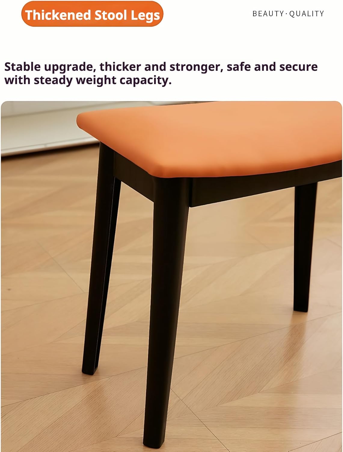 Vanity Stool Chair, Ergonomic Wide Seat with 25° Curve, Tech Fabric Scratch-Resistant & Waterproof, High-Density Foam Cushion, Sturdy Thickened Legs, 18.9" x 11" x 17.3", Orange White