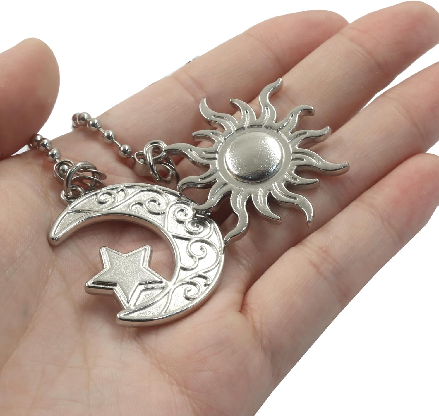 Ceiling Fan Pull Chain Set, Decorative Extension with Moon and Sun Connector, Ornamental Beaded Ball Pendant for Lighting Fixtures and Fan Controls (Silver)