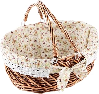 YRJJ Wicker Picnic Basket with Handles & Liner Oval Empty Gift Basket Willow Woven Easter Eggs & Candy Storage Basket Fruit Serving Basket Kids Blanket Toy Organizer, 1