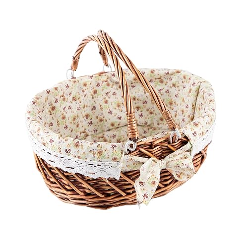 YRJJ Wicker Picnic Basket with Handles & Liner Oval Empty Gift Basket Willow Woven Easter Eggs & Candy Storage Basket Fruit Serving Basket Kids Blanket Toy Organizer, 1