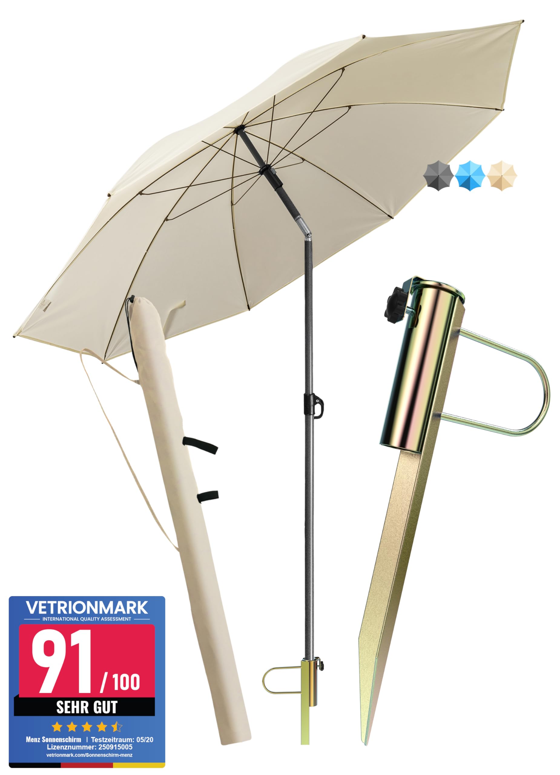 4smile Sonnenschirm Strand SunnyJoy Modern im 3er-Set, Beige - Strandschirm windfest stabil 180 cm + Rasendorn Sonnenschirmhalter + Schirmhülle - Sonnenschirm mit Rasendorn, Schirmspieß Garten