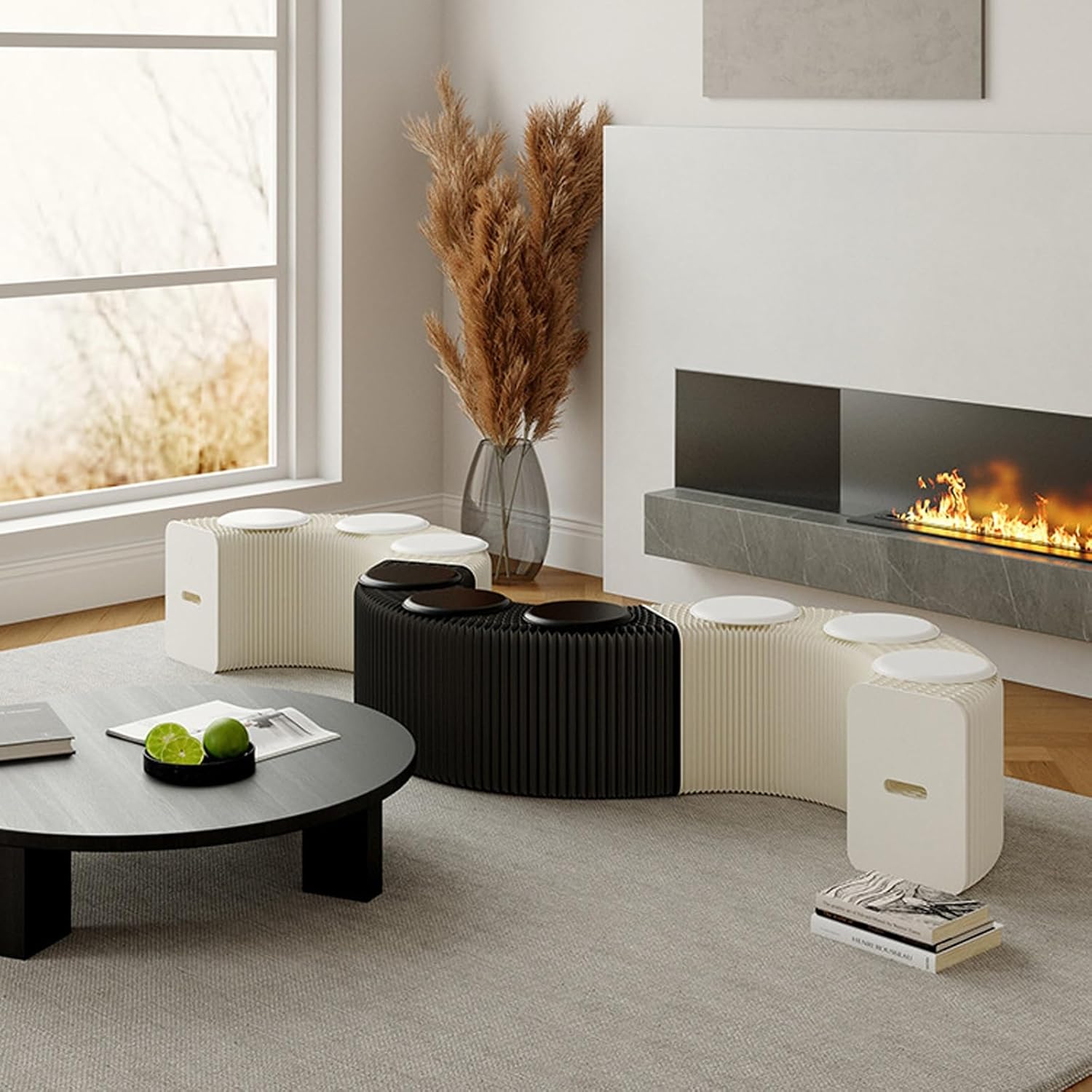 Paper Folding Stools, Collapsible Stool with Round Cushions, Accordion Telescopic Portable Seat for Adults, Minimalist Furniture for Home School, Office(Black,118" L x 11.8" W x 16.5" H 6Cush)