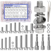 300pcs M5 M6 M8 Flanged Hex Head Bolts and Nuts Assortment Kit 10mm to 35mm, M5-0.8 M6-1.0 M8-1.25 Metric Nuts Screws Flat & Lock Spring Washer 304 Stainless Steel, Hex Socket Included