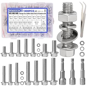 300pcs M5 M6 M8 Flanged Hex Head Bolts and Nuts Assortment Kit 10mm to 35mm, M5-0.8 M6-1.0 M8-1.25 Metric Nuts Screws Flat & Lock Spring Washer 304 Stainless Steel, Hex Socket Included