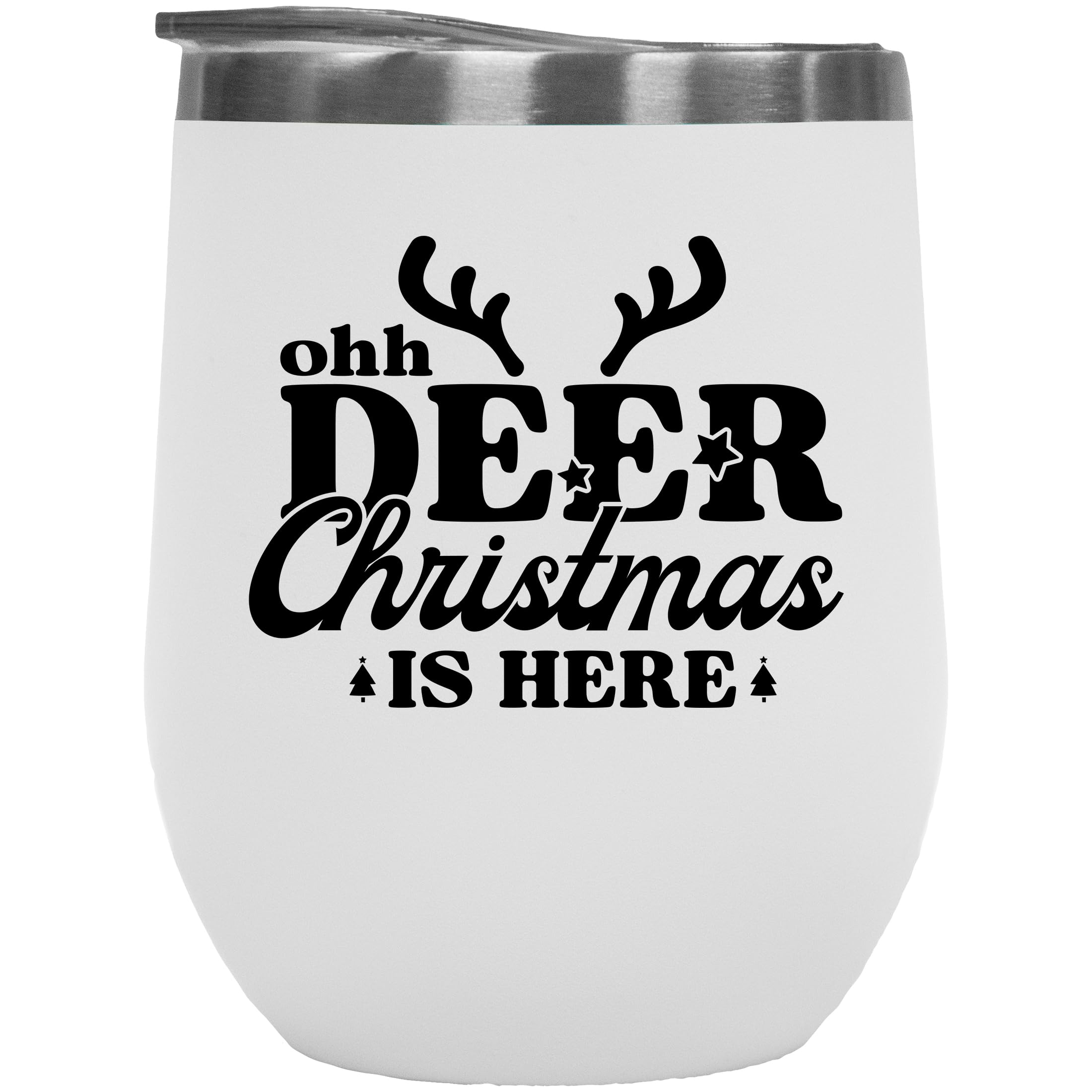 Ohh Deer Christmas Is Here with Reindeer Antlers Art, Christmas Merch Gift, White 12oz Wine Tumbler