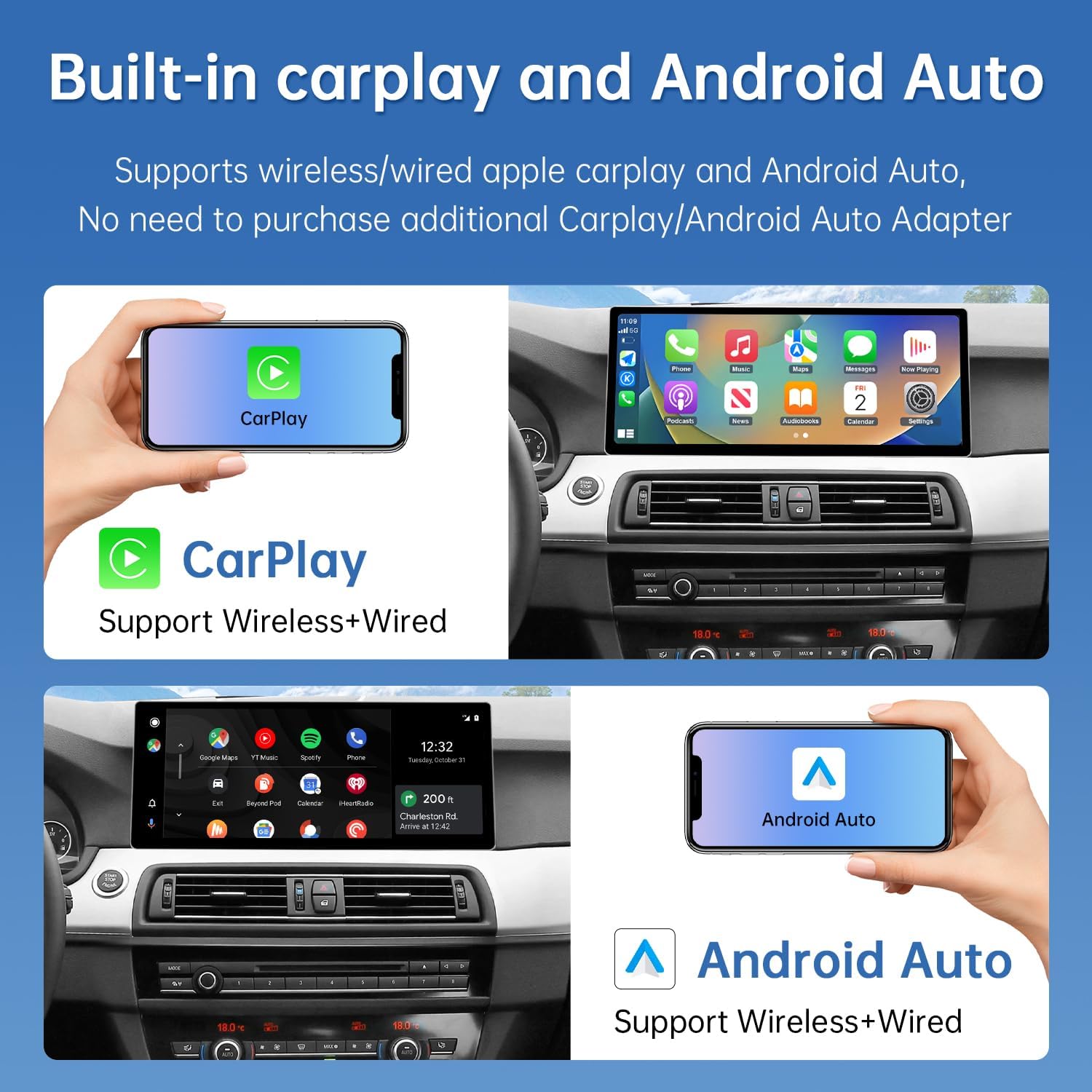 Road Top 12.3" Ultra-Narrow CarPlay Screen Upgrade for BMW 5 Series F10/F11 with CIC System(2010-2012 Year), Wireless CarPlay Android Auto Head Unit Upgrade, Car Stereo Multimedia Receiver