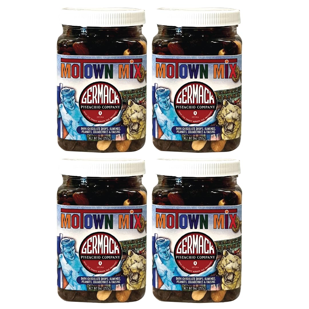 Germack® - Motown Mix Snack Mix - Dark Chocolate Drops, Almonds, Peanuts, Cranberries and Raisins (Set of 4, 9oz Jars)