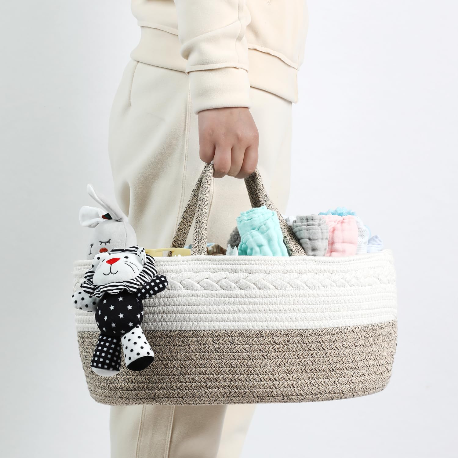 Organizer per pannolini, Cestino porta pannolini,portatile, in corda di cotone, per la Cameretta dei Bambini, L'auto e i Viaggi, borsa regalo per neonati (Mottled Brown)