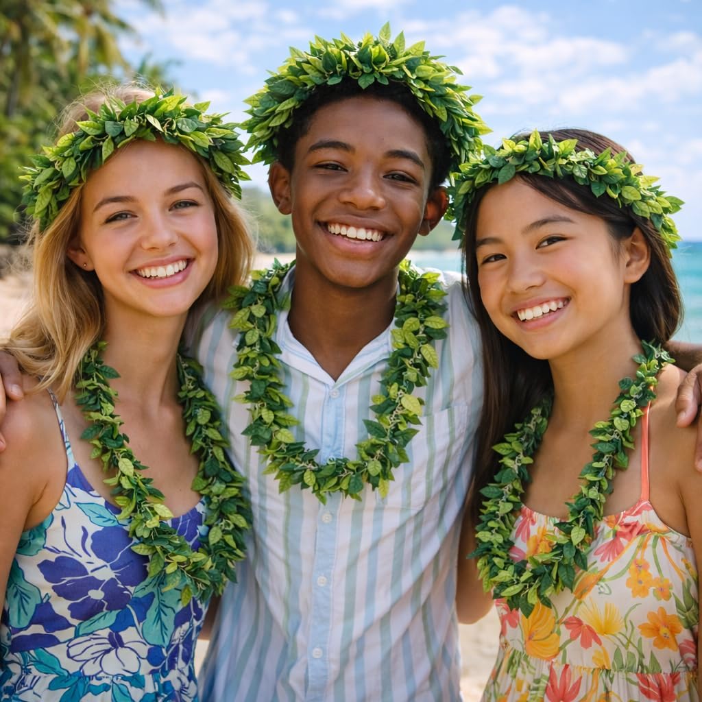 Green Hawaiian Party Garland Set - 4pcs Artificial Leaves Headband Necklace Loop Bracelet for Tropical Beach Luau Party Decoration
