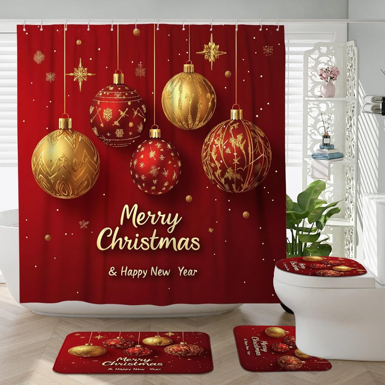 4PCS Merry Christmas Balls Bathroom Sets with Non-Slip Rug, U Shape Toilet Lid Cover Mat, Cool Happy Xmas Bathroom Decoration 72''x72''