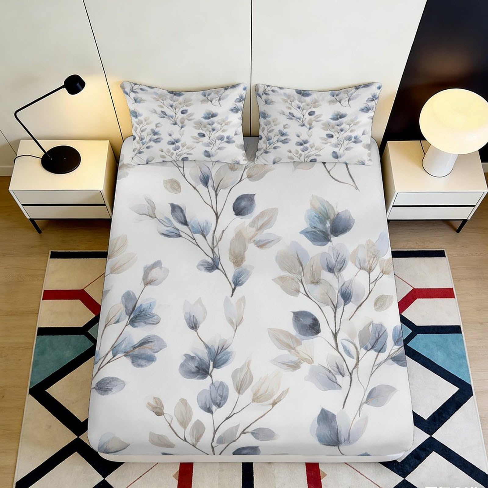 3D Printed Botanical Leaves Fitted Sheet Microfiber Non-Slip Deep Pocket Botanical Leaves Mattress Fitted Cover Bedroom Bedding Set 140x200x25cm