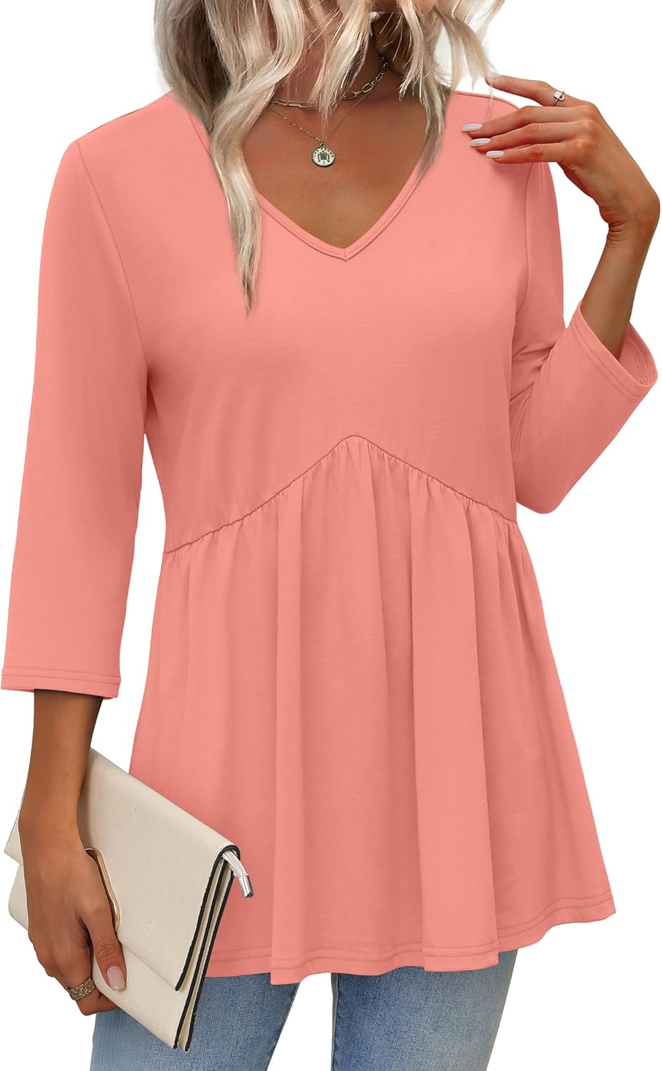 3/4 Length Sleeve Womens Tops 2025 Blouses for Women Dressy Casual Fashion Clothing V Neck Babydoll Tops Fall Outfits - Image 2