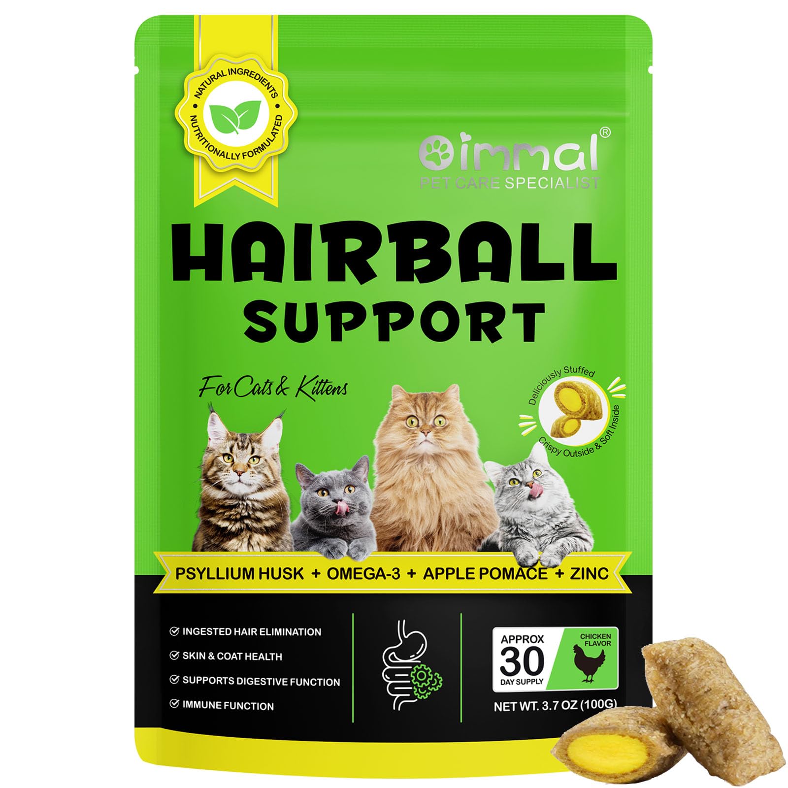 Crunchy Cat Treats for Cat Hairball Remedy, 30 Day Hairball Treatment for Cats, Hairball Control Snacks Treats Food for Indoor Cats with Omega-3 and Fiber Supplement, Support Digestion, Skin & Coat