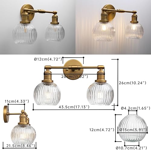 Miniatura 2 de Aplique industrial de pared de vidrio de doble brazo con pantalla de globo a rayas transparentes, lámpara de tocador de pared de 2 luces para