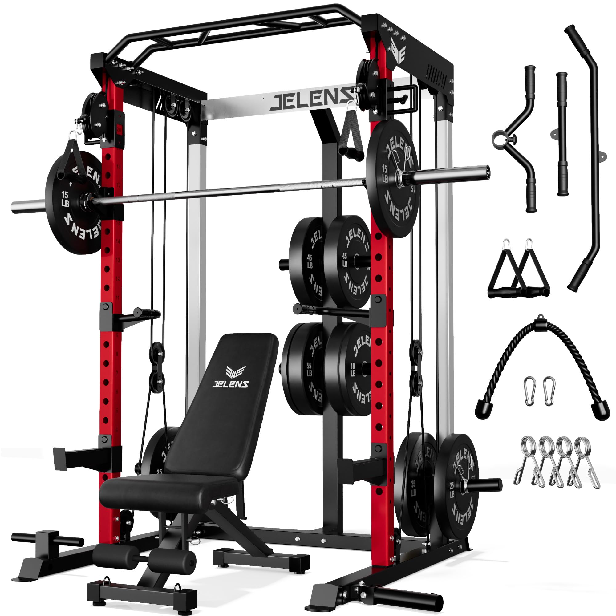 JELENS C21 Power Cage, 2000LBS Multi-Function Power Rack with Independent Dual Pulley System, All-in-One Squat Rack for Cable Crossover, Home Gym Workout Machine