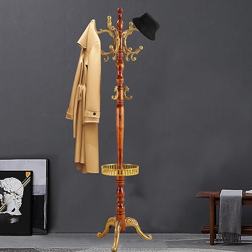 Miniatura 11 de Percheros de pie con 14 ganchos, perchero de madera natural con base redonda sólida, percheros de altura ajustable, fácil montaje para pasillo,