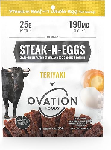 Ovation Foods Steak-N-Eggs Beef Strips, Zero Sugar, High-Protein Jerky (25g prem